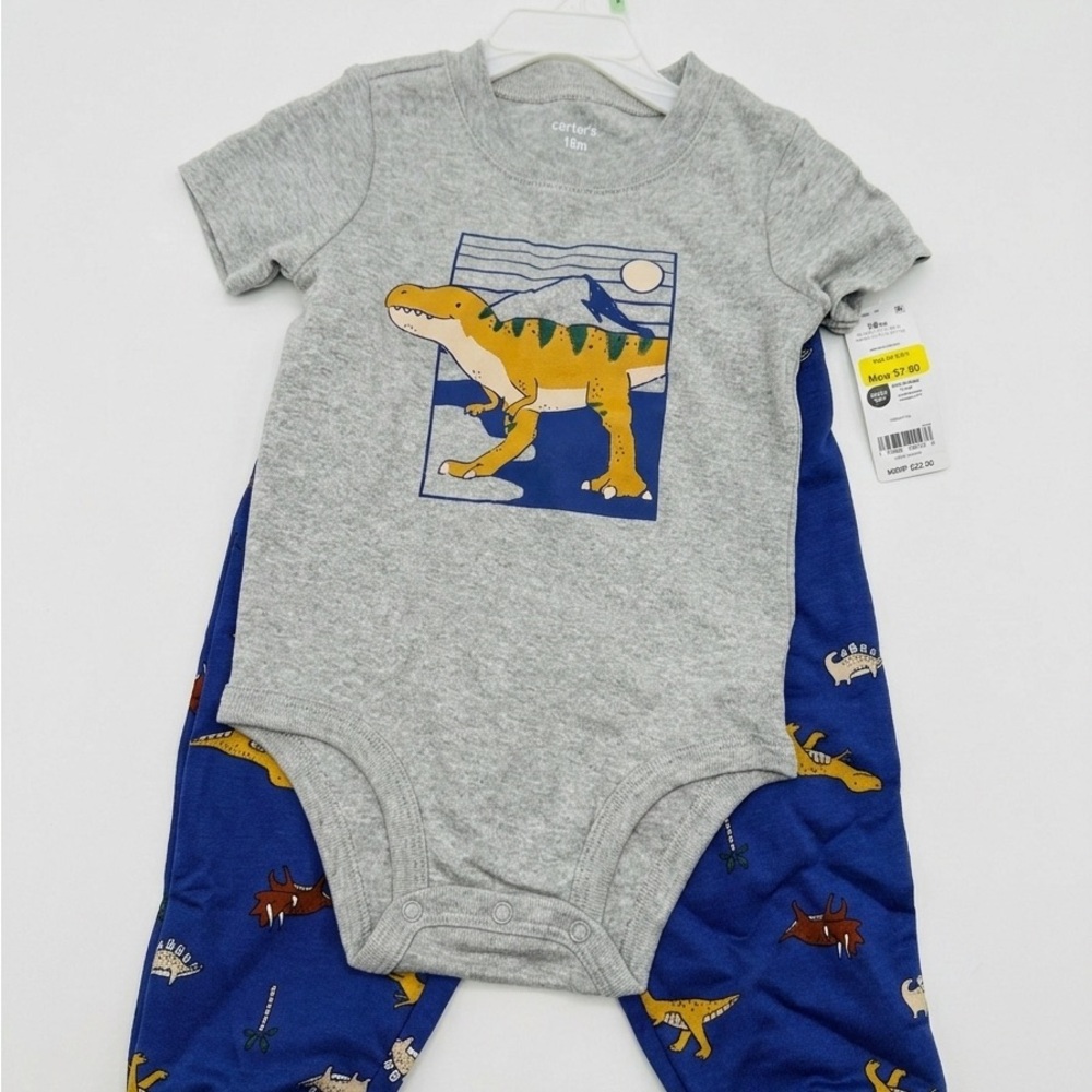 NWT 18m Carter's Gray Onesie with Dinosaur Print and Blue Pants